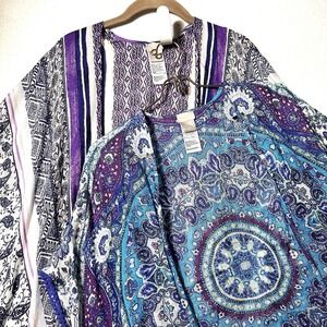 Chicos Set Of 2 Kimono Ruana Cardigan Medallion Striped Linen Rayon Cover Up